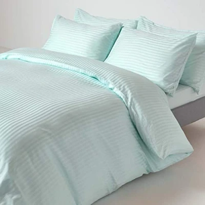 Image of HOMESCAPES Light Blue Pure Egyptian Cotton Duvet Cover Set Single 330 TC 500 Thread Count Equivalent Satin Stripe Quilt Pillowcase Included Bedding