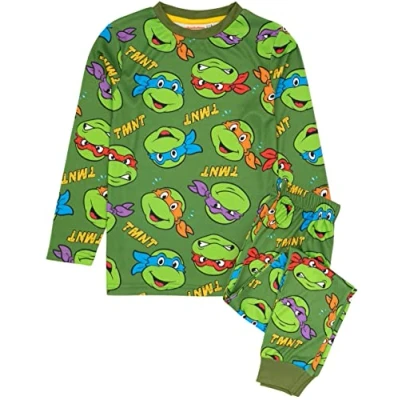 Image of Teenage Mutant Ninja Turtles Kids Pyjamas Boys Girls Leonardo Michelangelo Donatello Raphael Characters Green T Shirt Long Bottoms Pjs TMNT Merchandise 5 6 Years