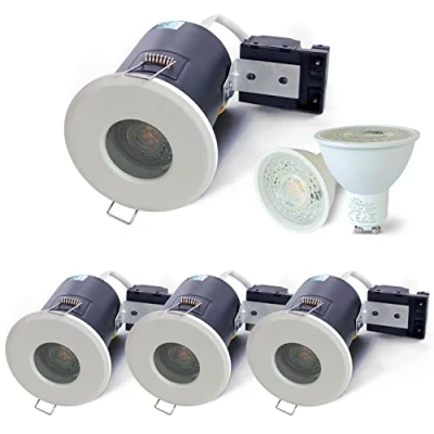 Image of 4XSweier White LED Fire Rated Downlights,Waterproof IP65 Spotlight,5W 6000K Cool Recessed Ceiling Lights, 90 Minute 230V Die Cast Aluminium Spotlight, Cut Out 70mm.