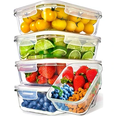 Image of [5 Pack] Food Prep &amp; Storage Glass Containers with Lids Airtight Meal Reusable (1060 Millilitres 1 Compartment)