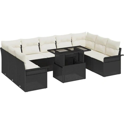 Image of vidaXL 10 Piece Garden Sofa Set with Cushions Black Poly Rattan
