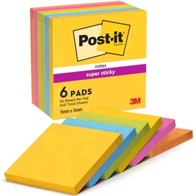 Image of Post it Super Sticky Notes 76x76mm 90 Sheets Carnival (Pack of 6)