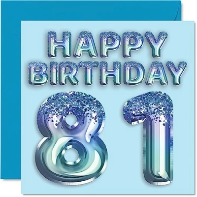 Image of 81st Birthday Card for Men Blue Glitter Party Balloon Happy Cards 81 Year Old Man Great Grandpa Grandad Dad Gran, 145mm x Eighty One First Bday Greeting Gift