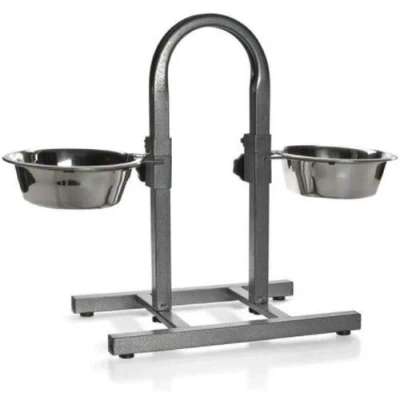Image of Dog Elevated Food Bowl Holder Set Raised Cat Feeding Station Stand Adjustable Height Pet Double Feeder 2 Stainless Steel Water Bowls (Large (U Shape))