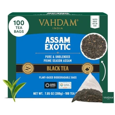 Image of VAHDAM, Assam Exotic Black Tea Bags (100 Count) High Caffeine, Gluten Free, Full Bodied Pyramid Strong, Robust &amp; Flavoury Direct from Source