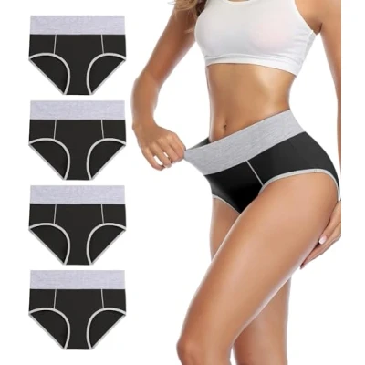 Image of wirarpa Underwear Women High Waist Cotton Knickers Ladies Panties Full Coverage Briefs Underpants Plus Size Black 4 Pack XL