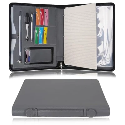 Image of Wonderpool Travel Zippered Portfolio 3 Ring Binder A4 Padfolio Document Case with Removable Clipboard Legal Pad Holder, Business Office School Organizer for Men and Women (Gray)