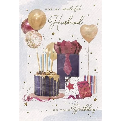 Image of ICG Wonderful Husband Birthday Card Balloons, Wrapped Gifts and Cake with Foil Finish