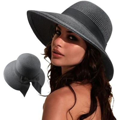 Image of DRESHOW Sun Hats for Women Travel Fedora Foldable Beach Hat Summer Wide Brim Straw Bucket with Bowknot UPF 50+