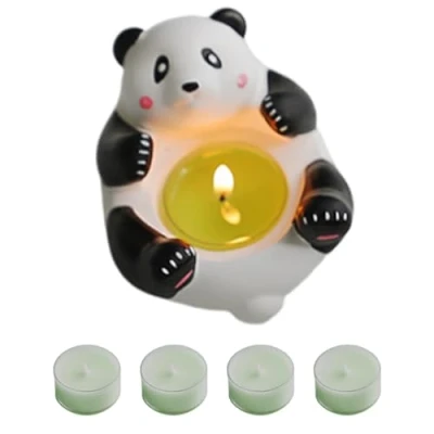 Image of Cute Panda Tea Light Candle Holder with 4 Candles, Adorable Ring Jewelry Tray Decorative Stand for Candles Table Home Decor