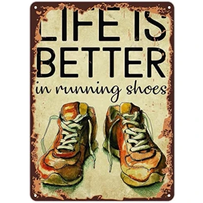 Image of Xiddxu Retro Metal Tin Sign shoes life is better in running Poster Plaques for Home Living Room Kitchen Cafe Bar Wall Decor Signs Vintage 12x16 Inch