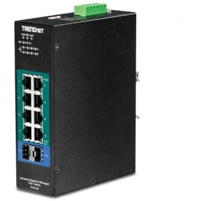 Image of TRENDnet 10 Port Industrial Gigabit L2 Managed PoE+ DIN Rail Switch, TI PG102i , 8 x Ports, Mount, 2 SFP Slots, 2457 V DC Power Input, IP30, VLAN, QoS