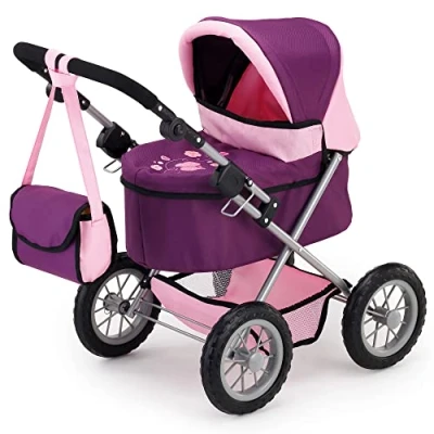 Image of Bayer Design 13057AA Dolls Pram Trendy, Stroller, Foldable, Height Adjustable Handle, Bag, Purple, ‎67 x 67 41 cm