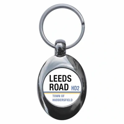 Image of Ozorath Leeds Road Town Of Huddersfield HD2 Sign Keyring Keychain Key Ring Chain With Trolley Coin