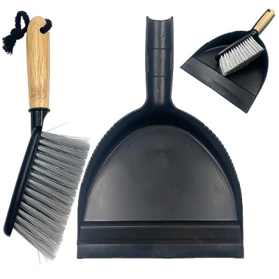 Image of Dustpan and Brush Set with Bamboo Handle Portable Rubber Lip &amp; Sets Perfect for Cleaning Kitchen, Office, Bathroom, Living Room, Garage, etc