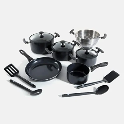 Image of BK Vivid 14 Piece Cookware Pots &amp; Pans Set with PFAS Free Ceramic Non Stick Coating, Casserole, Frypan, Saucepan, Lids, Stay Cool Handle, Dishwasher Safe, Oven Black
