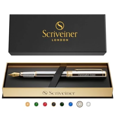 Image of Scriveiner Personalised Silver Chrome Pen Stunning Luxury with 24K Gold Finish, Schmidt 18K Gilded Nib (Medium) Best Engraved Fountain Gift Set for Men &amp; Women, Custom Name Engraving