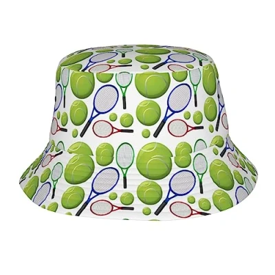 Image of Helves Tennis Rackets and Balls Bucket Hat Fisherman Hats Packable Sun Cap Outdoor Summer Travel Beach for Women Men Unisex Black