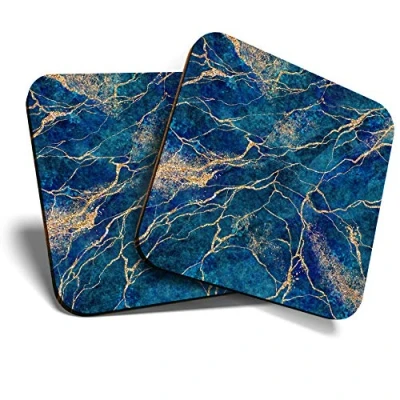 Image of Great Coasters (Set of 2) Square/Glossy Quality Coasters/Tabletop Protection for Any Table Type Navy Blue Marble Stone Effect #21087