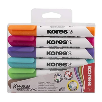 Image of Kores Coloured Whiteboard Marker Pens K XP1, Round Tip with Low Odour Ink Dry Wipe School Supplies, Office Supplies Pack of 6 Assorted Colours