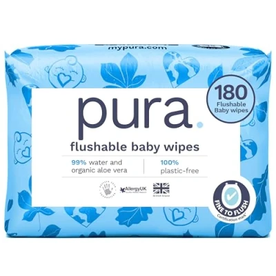 Image of Pura Flushable Baby Water Wipes 3 x 60 per pack, (180 Wet Wipes) 100% Plastic Free, 99% Water, Suitable for Sensitive &amp; Eczema Prone Skin, Biodegradable, Compostable, Vegan, Potty Training