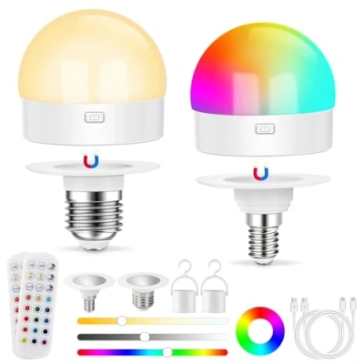 Image of USB Rechargeable Light Bulb with Remote Control, Dimmable Colour Bulbs Timing, Detachable RGB LED E27 &amp; E14 Bases, Battery Powered, 12+3 Color Temperatures, for Non Hardwired Lamps