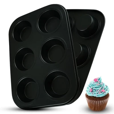Image of HOVUK 2Pk Muffin Trays 6 Cups Mini Carbon Steel Cake Moulds Tins Pans, Non Stick Baking for Cupcakes and Brownies Grey 27cm