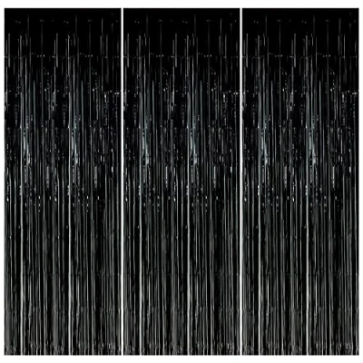 Image of 3 Pack Metallic Tinsel Foil Fringe Curtains, 1x2m Shimmer Streamers Curtain, Party Backdrop for Wedding Birthday Halloween Door Windows Photo Booth Props Decorations (Black)