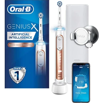 Image of Oral B Genius X with Artificial Intelligence Rose Gold Electric Toothbrush, 1 Toothbrush Head, 6 Modes, Gum Pressure Sensor, USB Charging Travel Case, UK 2 Pin Plug, Gift for Men/Women