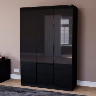 Image of Vida Designs Glinton High Gloss 3 Door 2 Drawer Wardrobe Bedroom Storage Organiser with Hanging Rail Modern Furniture 100% FSC Certified (Black, Drawer)