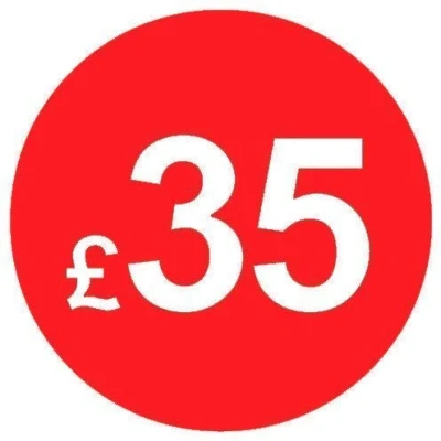 Image of Pack of 500 20mm Price Stickers/Labels Choose from 10p to £95 Bright Red Many Prices (£35 Red)