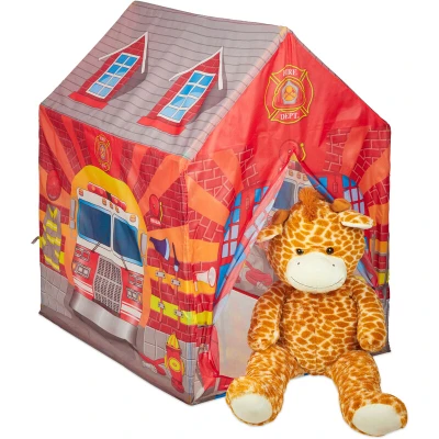 Image of Relaxdays 10028886 Firehouse Tent, Large Playhouse for Boys &amp; Girls, Indoor Use, 3 Years Up, 103 x 71 94 cm, Red