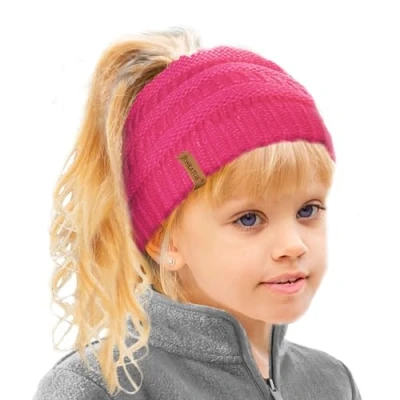 Image of TOSKATOK Girl&#039;s Thermal Teddy Fleece Lined Ponytail Beanie Hat Cerise