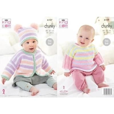 Image of King Cole Babies Chunky Easy Knit Knitting Pattern Cardigan, Hat &amp; Top (6107)