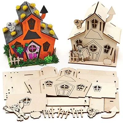 Image of Baker Ross FX184 Haunted House Wooden Kits Pack of 2, Halloween Decorations Kids Wood Craft Kit, DIY Decor