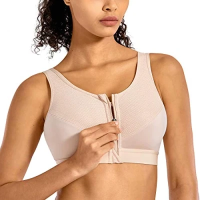 Image of SYROKAN Women&#039;s Sports Bra High Impact Front Fastening Zipper Wireless Post Surgery Support Workout Beige 38C
