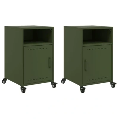 Image of vidaXL Bedside Cabinets Nightstand/Bed Side Table 2 pcs Olive Green Steel, 36x39x59 cm, Compartments, Wheels &amp; Handle for Bedroom/Office