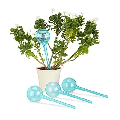 Image of Relaxdays Watering Globes, Set of 4, Regulated Irrigation, 2 Weeks, Pot Plants, Plastic Sphere, Bulb, Light Blue