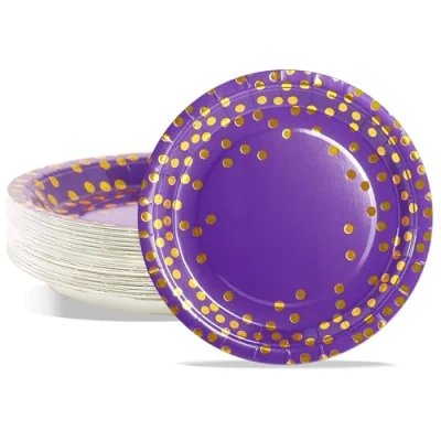 Image of AIPartywar Party Paper Plates, 50 Pack Disposable Purple and Gold Foil Polka Dots, 7 Inch Dinner Plates for Graduation Wedding Birthday