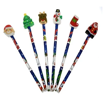 Image of MustBeBonkers X 6 CHRISTMAS PENCILS &amp; ERASERS PARTY BAG STOCKING FILLER XMAS FAIR