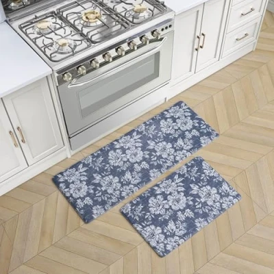 Image of Laura Ashley Anti Fatigue Kitchen Mat, Iris Floral Design, Stain, Water &amp; Fade Resistant, Cooking Standing Relief, Non Slip Backing, 2 Piece Set, Navy