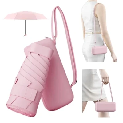 Image of MOLHEM Backpack Folding Travel Umbrella,6 Ribs Mini Compact Sun Umbrella,Uv Protection Umbrella Rain,Portable Pocket Umbrella,Pink