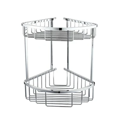 Image of Chrome Plated Large Wire Shower Caddy Double Corner 2 Tier Basket with Solid Brass Rack for Bathroom Organization