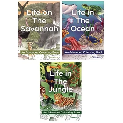 Image of Squiggle Advanced A4 Colouring Books, Savannah, Jungle &amp; Ocean Set of 3