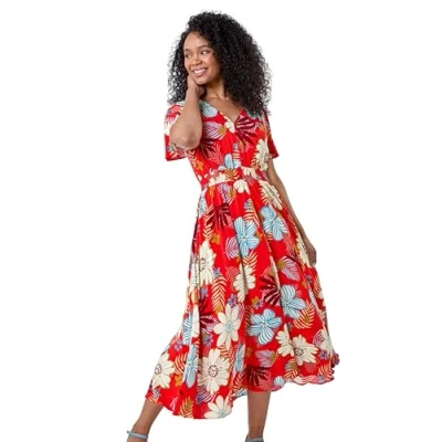 Image of Roman Originals Shirred Waist Dress for Women UK Ladies Midi Maxi Summer Spring Tiered Frill Hem Short Sleeve V Neck Button Through Boho Bohemian Gypsy Holiday Petite Red Size 14