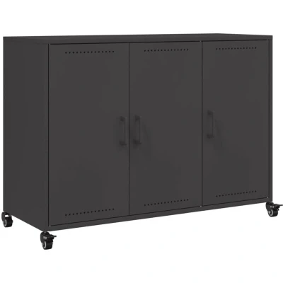 Image of vidaXL Sideboard Storage Cupboard Cabinet, Cold Rolled Steel, Black, 3 Door, 100.5x39x72cm, Wheels Mounted