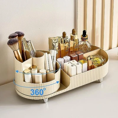 Image of AUHOU Make Up Organiser, 360 Rotating Cosmetic Storage Box for Dresser, Bathroom, Bedroom, Simple, Lightweight, Luxury Dressing Table Organiser