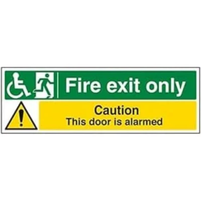 Image of V Safety Wheel Chair Fire Exit Only/Door Alarmed Sign 450mm x 150mm 1mm Rigid Plastic