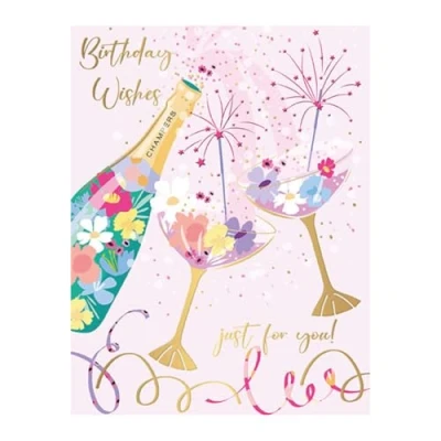 Image of Words N Wishes Female Birthday Card General for Women Bottle of Champagne with an Embossed Foil Finish Eco Friendly and Recyclable