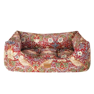 Image of Rosewood x Morris &amp; Co. Strawberry Thief Box Bed for Dogs, Large Dog Bed, Burgundy, Padded Sides, Non Slip Base, Washable, Luxury William Print